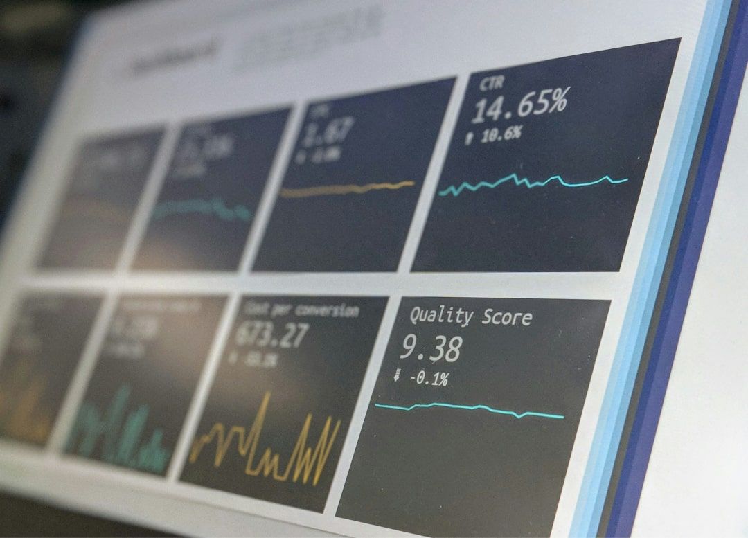 Governance image Close-up view of a digital analytics dashboard showing key performance indicators including Click-Through Rate (CTR) at 14.65% and Quality Score at 9.38, with trend graphs indicating performance metrics over time.